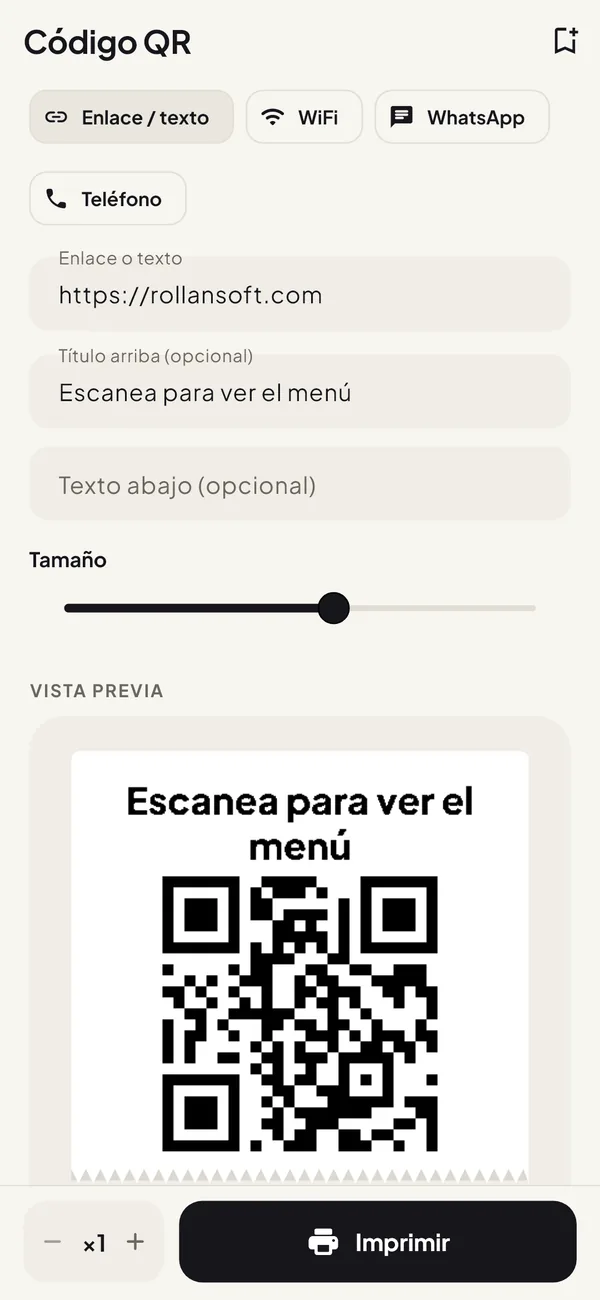 Pantalla de código QR con la vista previa de un QR para ver el menú