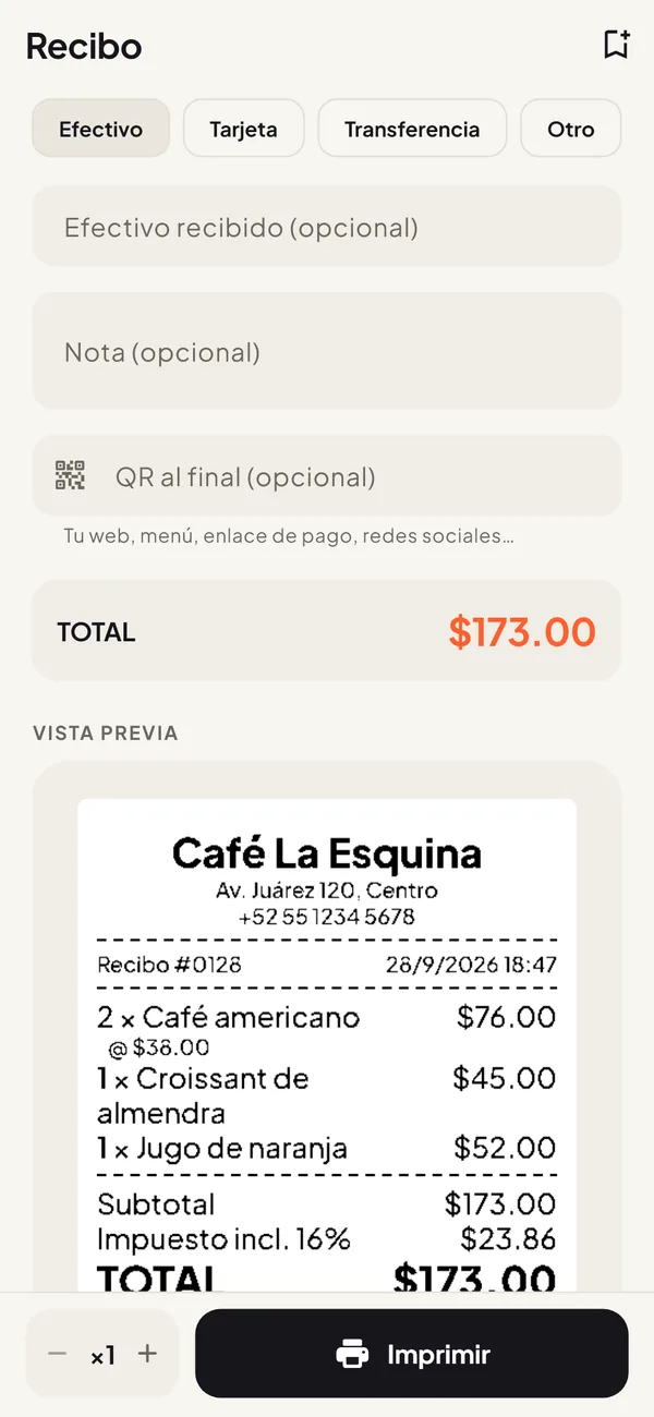 Vista previa de un recibo de venta antes de imprimirlo