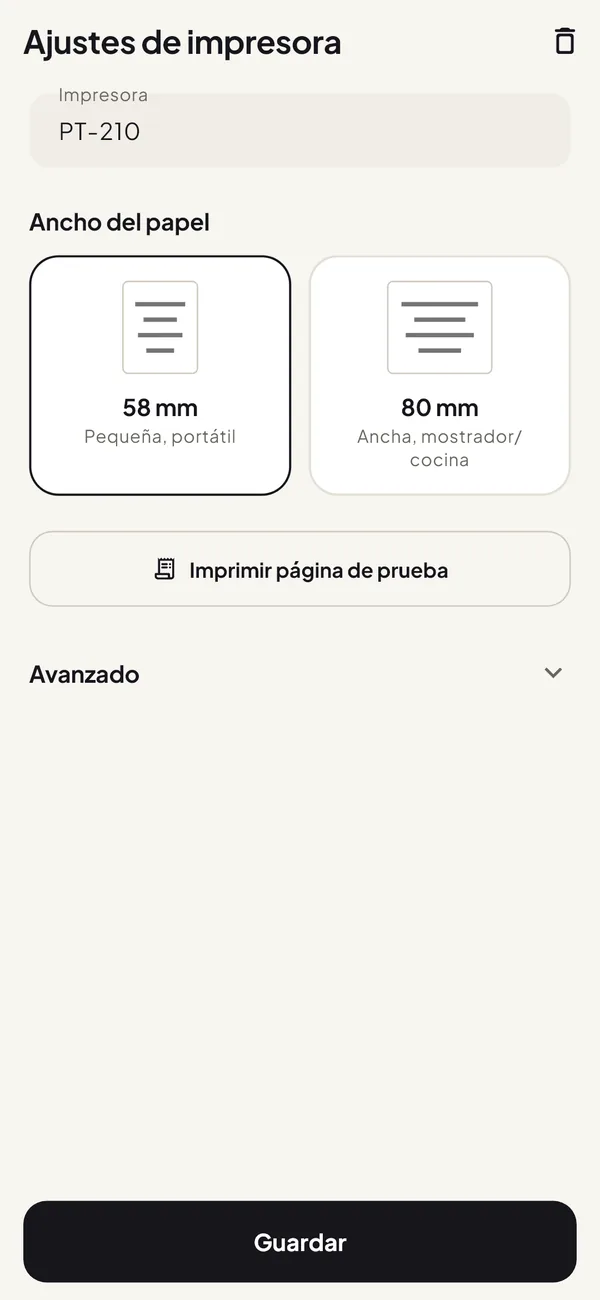 Ajustes de la impresora en Easy Thermal Print con las opciones de papel de 58 y 80 mm y el botón Imprimir página de prueba