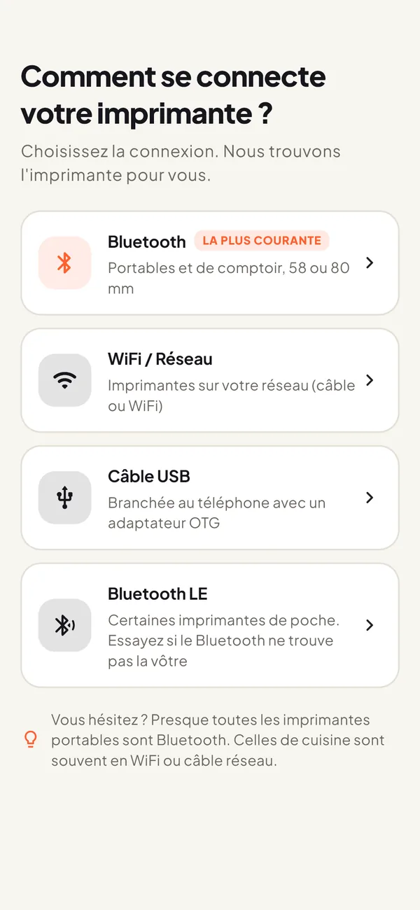 Écran de choix de connexion : Bluetooth, WiFi ou réseau, câble USB et Bluetooth LE