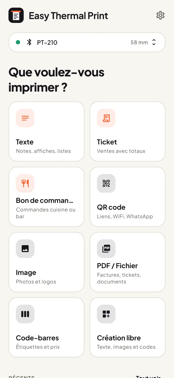 Écran d’accueil d’Easy Thermal Print : texte, ticket, commande, QR code, image, PDF, code-barres et création libre
