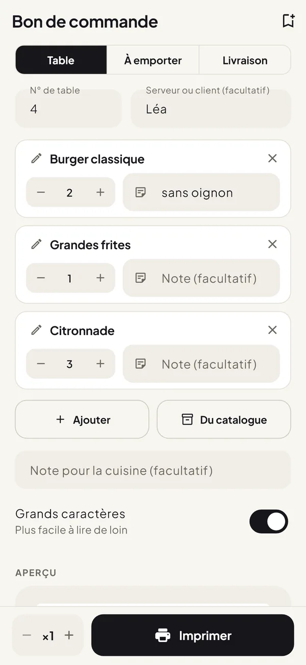 Écran commande avec l’aperçu de la commande de la table 4