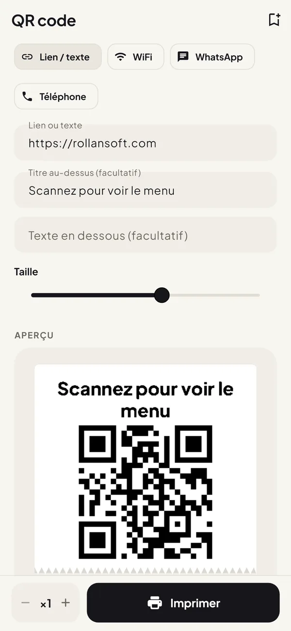 Écran QR code avec l’aperçu d’un QR pour voir le menu