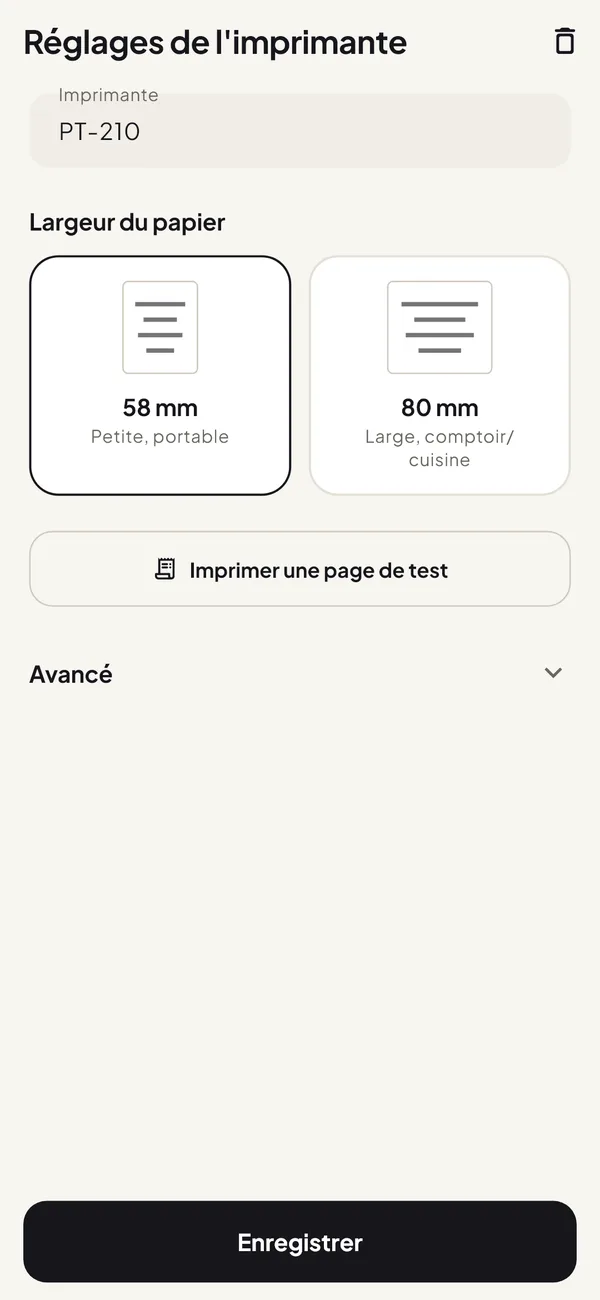 Réglages de l’imprimante dans Easy Thermal Print avec les options de papier 58 et 80 mm et le bouton Imprimer une page de test