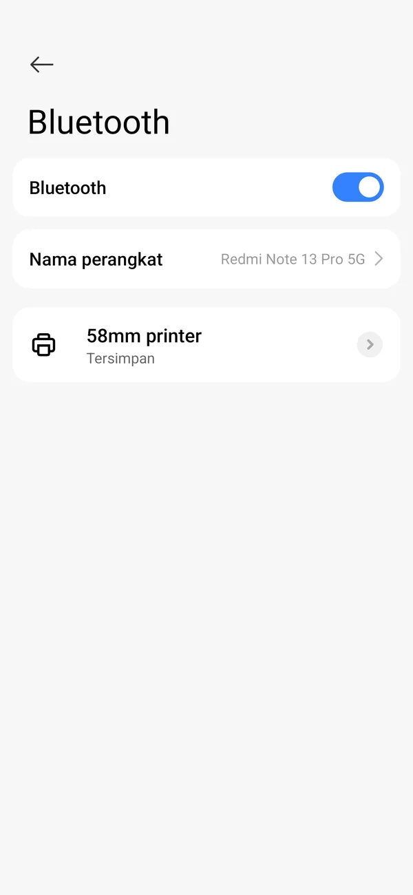 Setelan Bluetooth Android dengan printer “58mm printer” yang sudah disambungkan dan berstatus Tersimpan