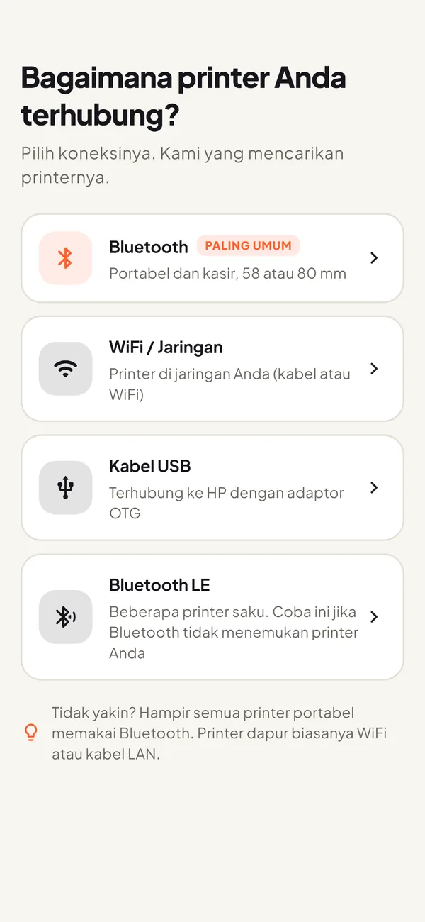 Layar pilihan koneksi: Bluetooth, WiFi atau jaringan, kabel USB, dan Bluetooth LE