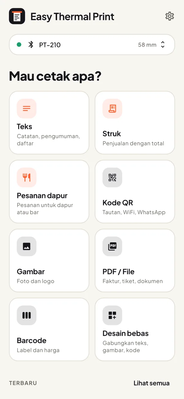 Layar utama Easy Thermal Print: teks, struk, pesanan, kode QR, gambar, PDF, barcode, dan desain bebas
