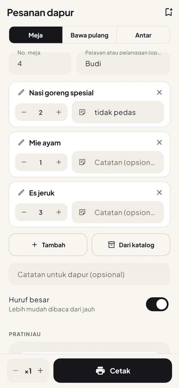 Layar pesanan dengan pratinjau pesanan meja 4