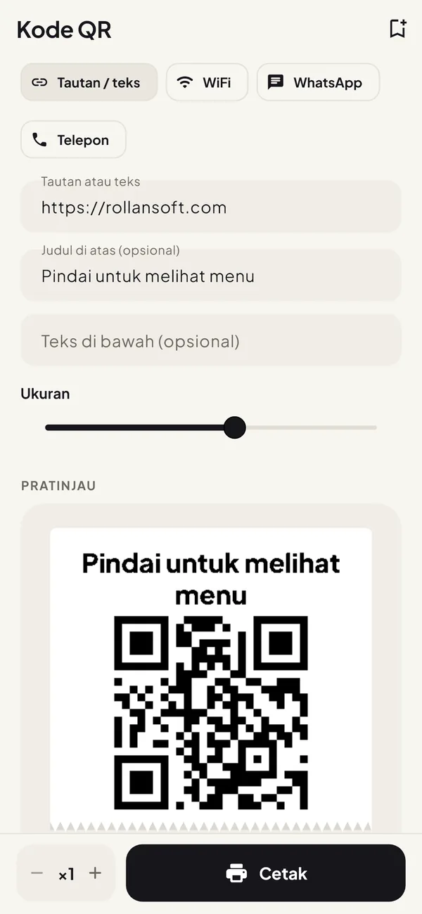 Layar kode QR dengan pratinjau QR untuk melihat menu