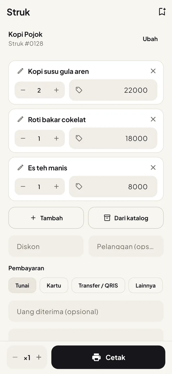 Pratinjau struk penjualan sebelum dicetak