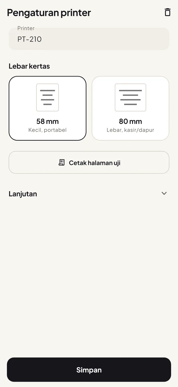 Pengaturan printer di Easy Thermal Print dengan pilihan kertas 58 dan 80 mm serta tombol Cetak halaman uji