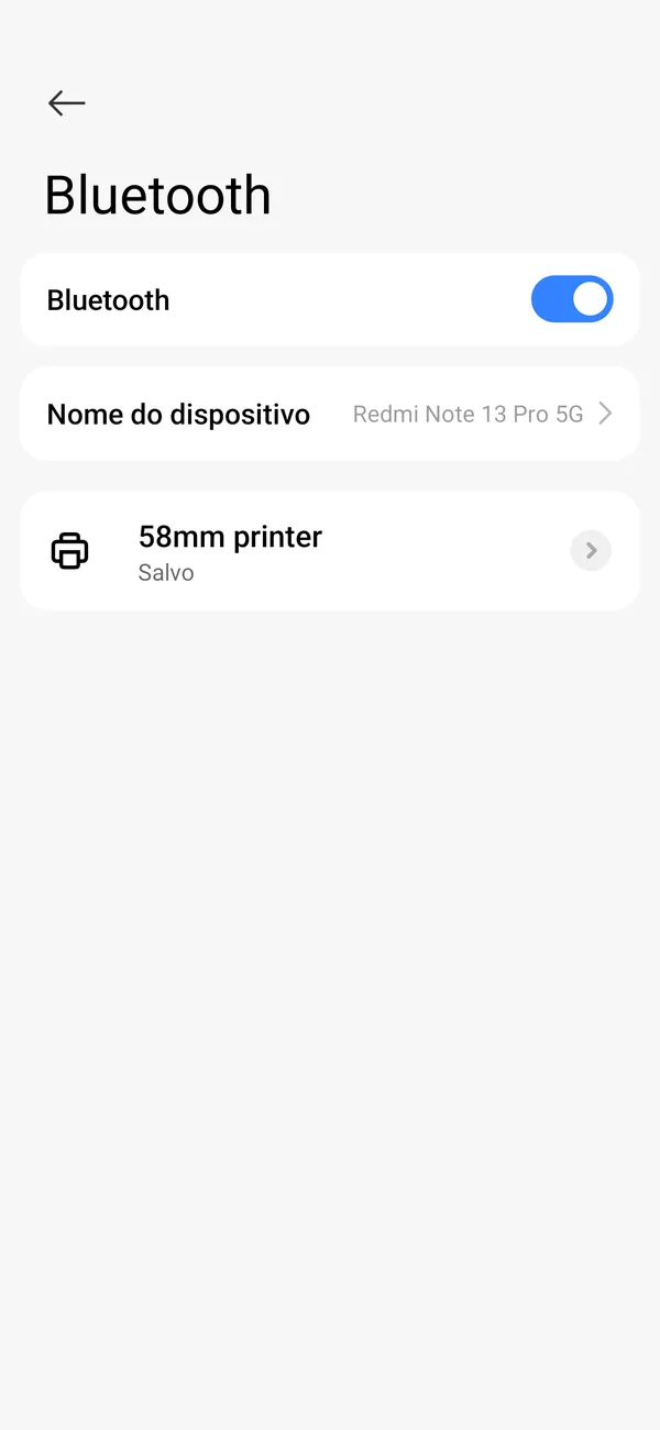 Configurações de Bluetooth do Android com uma impressora pareada, “58mm printer”, marcada como Salvo
