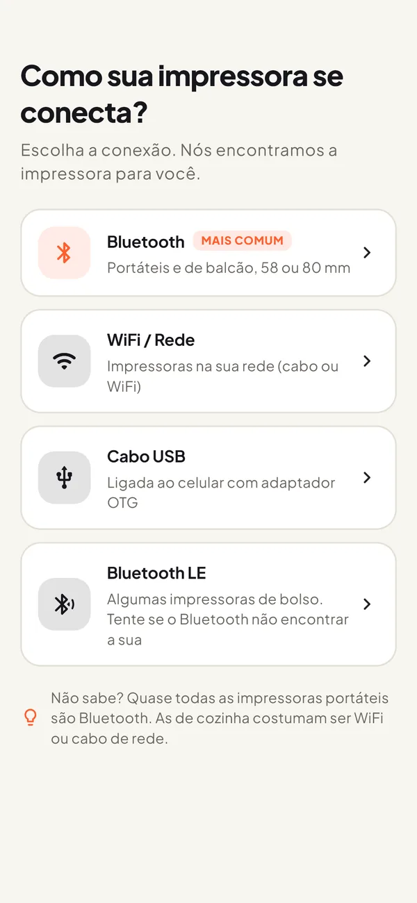 Tela para escolher a conexão: Bluetooth, WiFi ou rede, cabo USB e Bluetooth LE