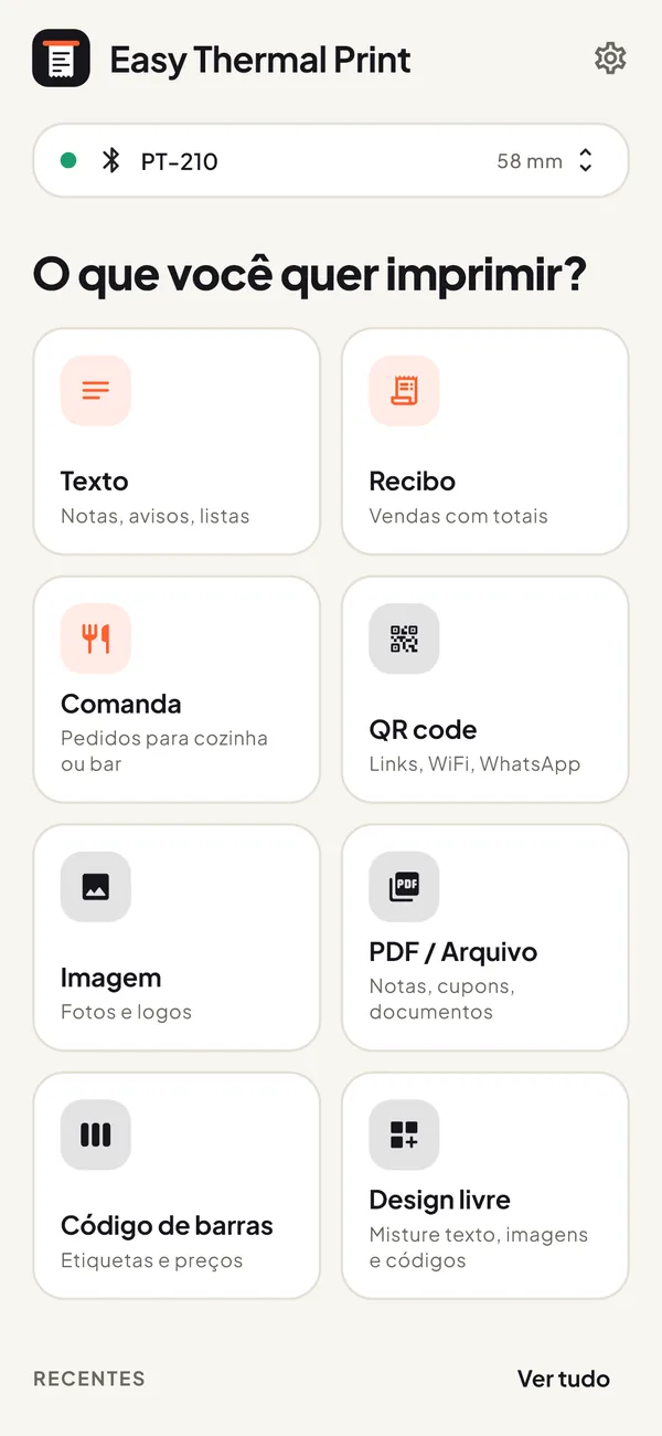 Tela inicial do Easy Thermal Print: texto, recibo, comanda, QR code, imagem, PDF, código de barras e design livre