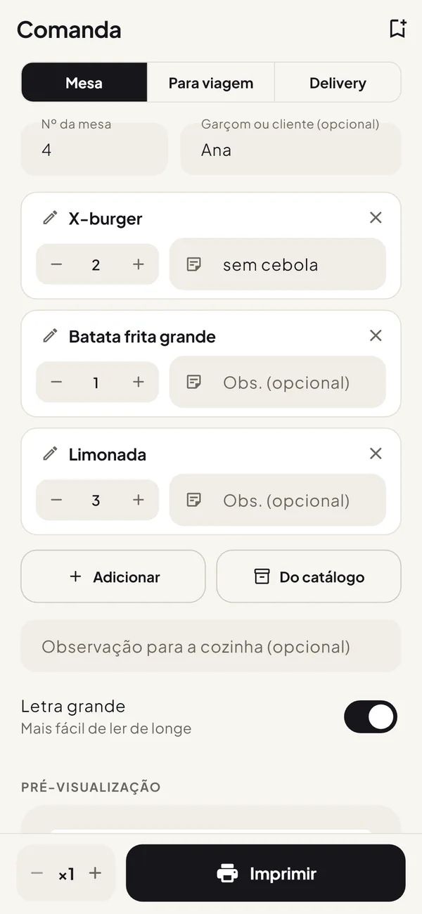 Tela de comanda com a pré-visualização do pedido da mesa 4