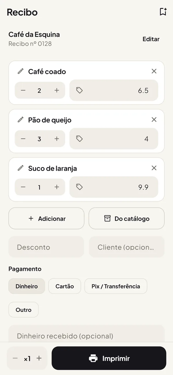 Pré-visualização de um recibo de venda antes de imprimir