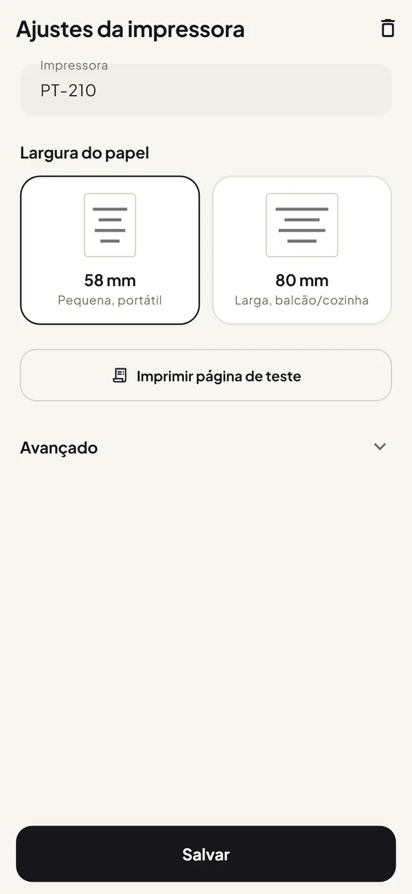 Configuração da impressora no Easy Thermal Print com as opções de papel de 58 e 80 mm e o botão Imprimir página de teste