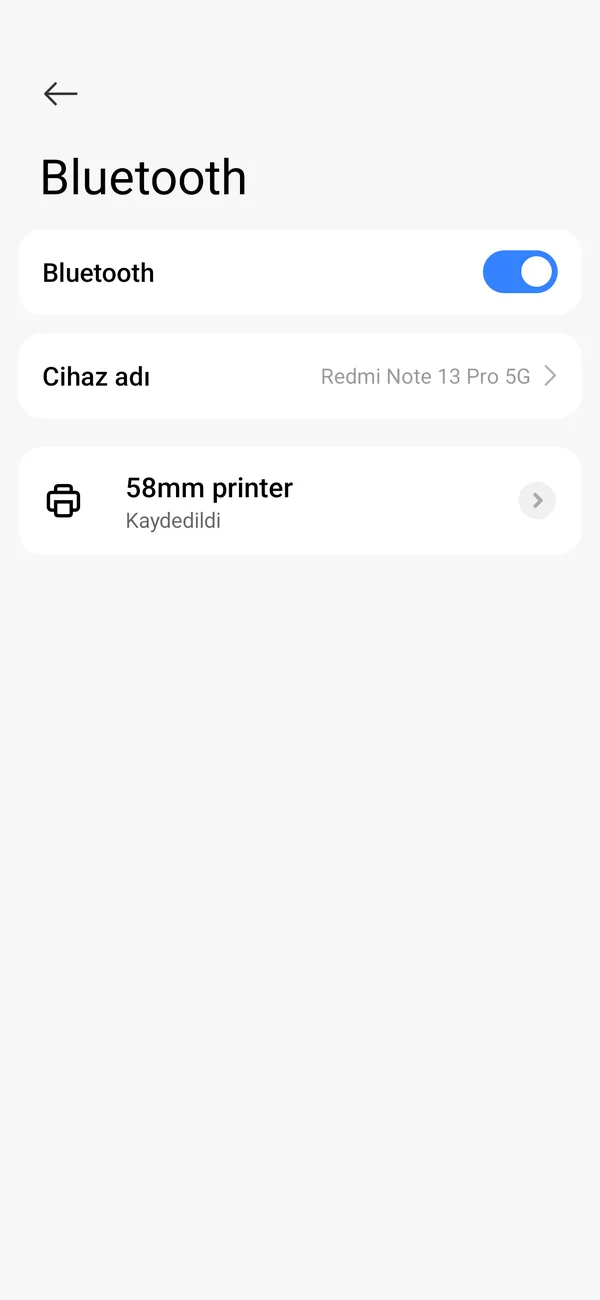 Android Bluetooth ayarlarında Kaydedildi durumundaki eşlenmiş “58mm printer” yazıcısı