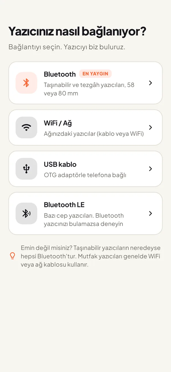 Bağlantı seçme ekranı: Bluetooth, WiFi veya ağ, USB kablo ve Bluetooth LE