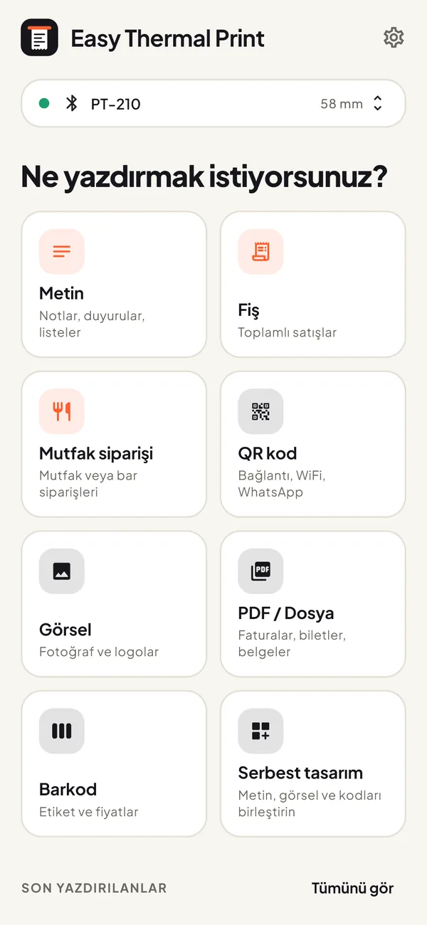 Easy Thermal Print ana ekranı: metin, fiş, sipariş, QR kod, görsel, PDF, barkod ve serbest tasarım