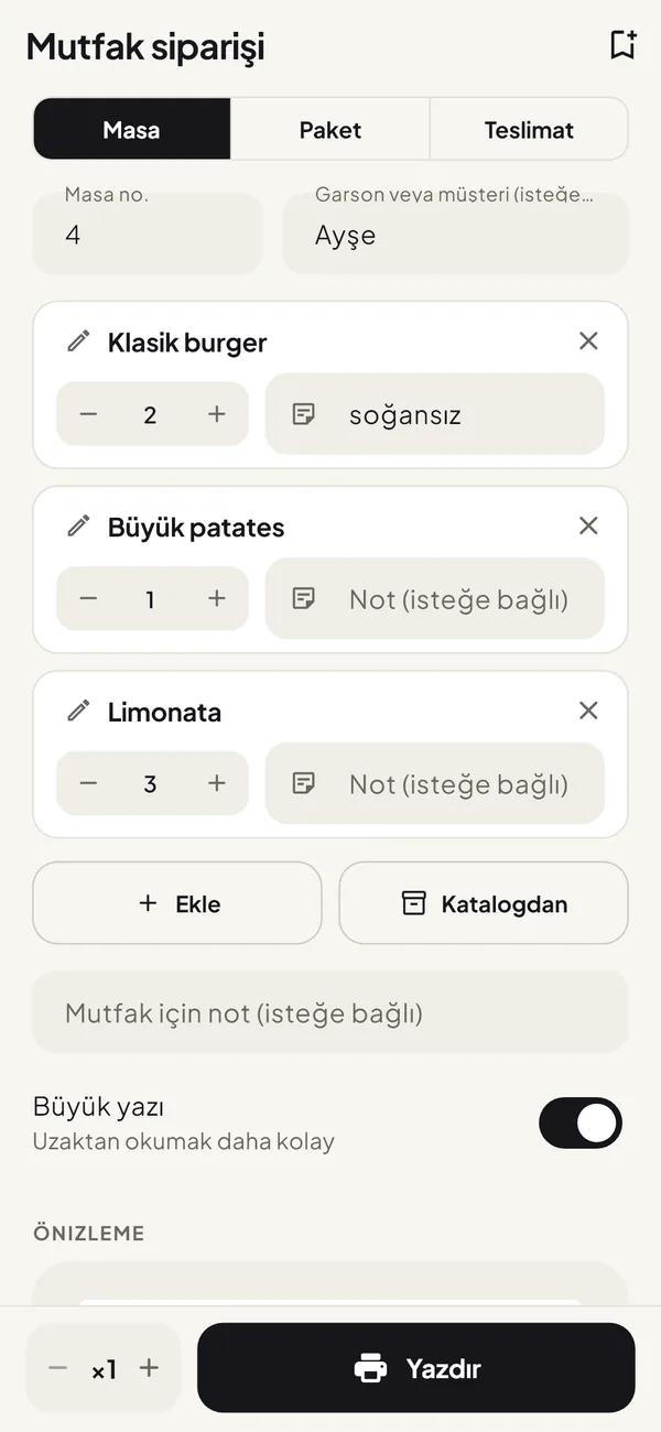 Masa 4 siparişinin önizlemesiyle sipariş ekranı