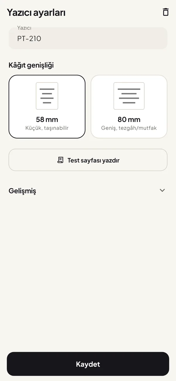 Easy Thermal Print’te 58 ve 80 mm kâğıt seçenekleri ve Test sayfası yazdır düğmesiyle yazıcı ayarları