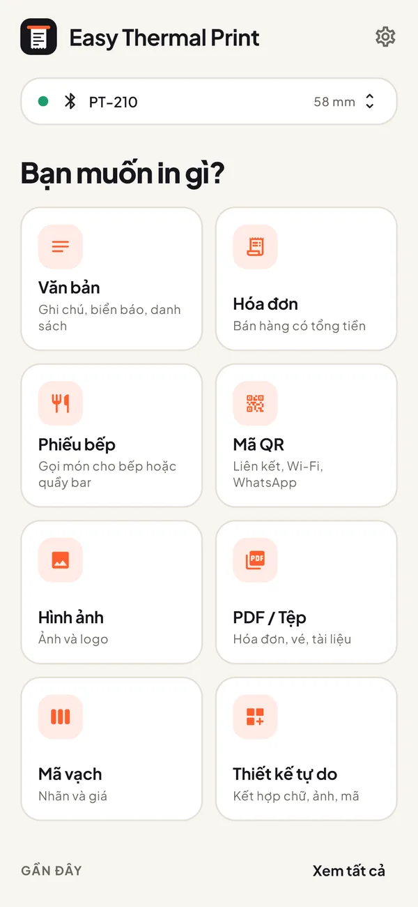 Màn hình chính của Easy Thermal Print: văn bản, hóa đơn, phiếu bếp, mã QR, hình ảnh, PDF, mã vạch và thiết kế tự do