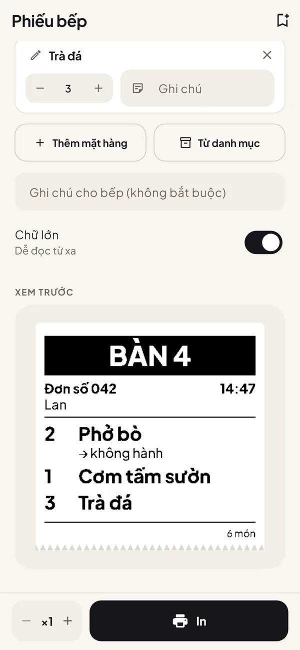 Màn hình Phiếu bếp với bản xem trước phiếu gọi món của bàn 4