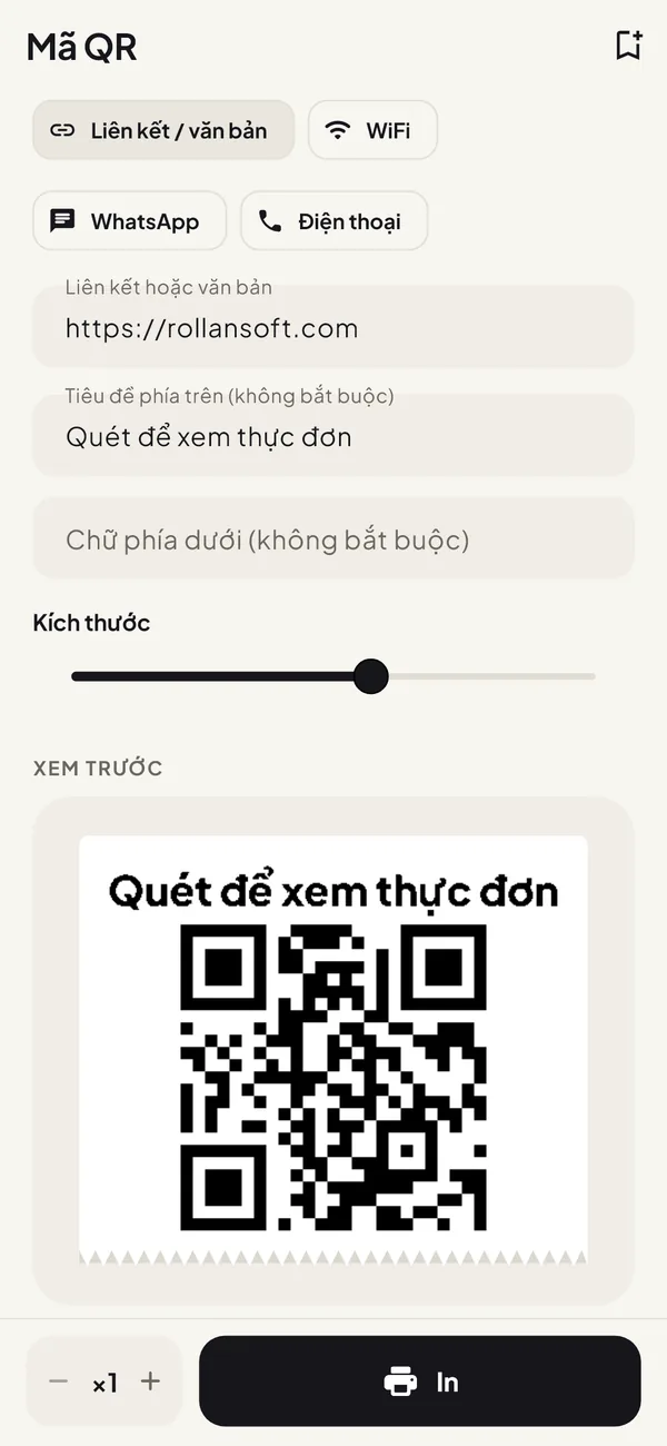 Màn hình Mã QR với bản xem trước mã QR để quét xem thực đơn