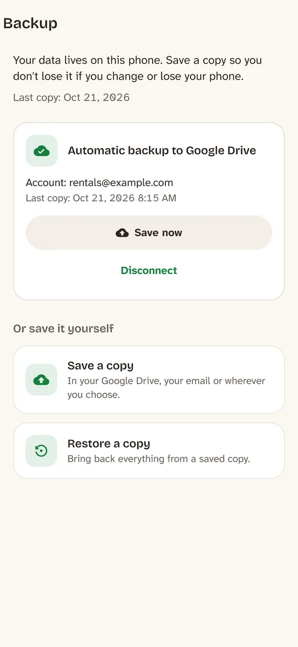 Backup screen connected to Google Drive, with today's copy