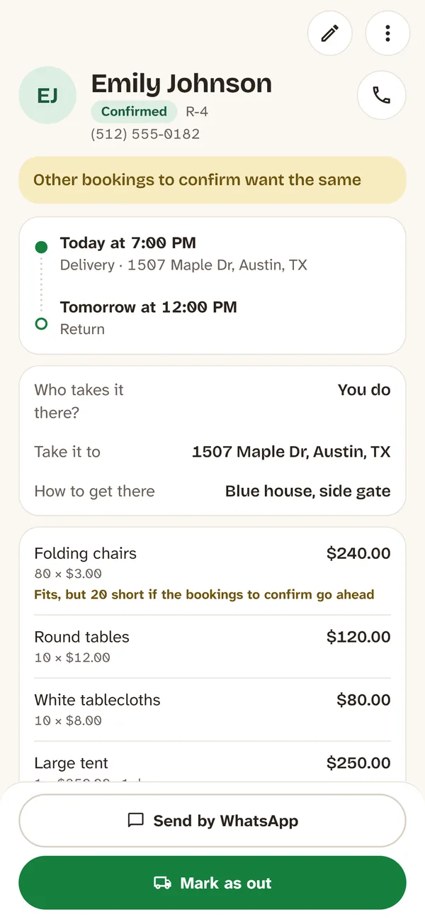 A booking confirmed for today: delivery, address, directions and what goes out