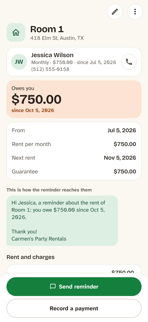 A rented room with what the tenant owes and the reminder ready for WhatsApp