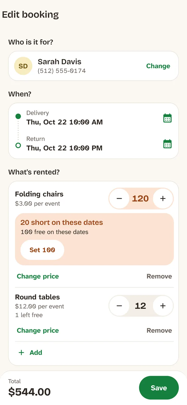 A booking asking for 120 chairs when 100 are free, with the warning that it is 20 short
