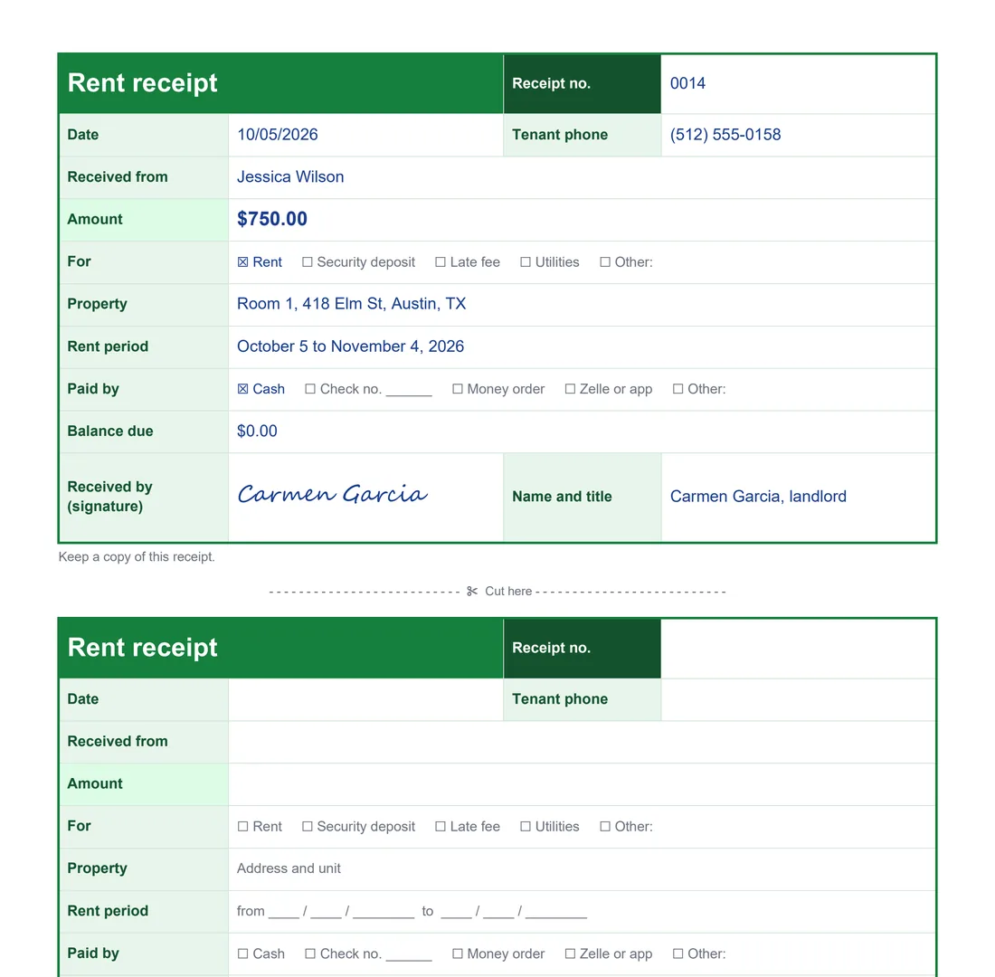 Filled-out rent receipt: Jessica Wilson paid $750.00 in cash for Room 1 at 418 Elm St, Austin, TX, for October 5 to November 4, 2026
