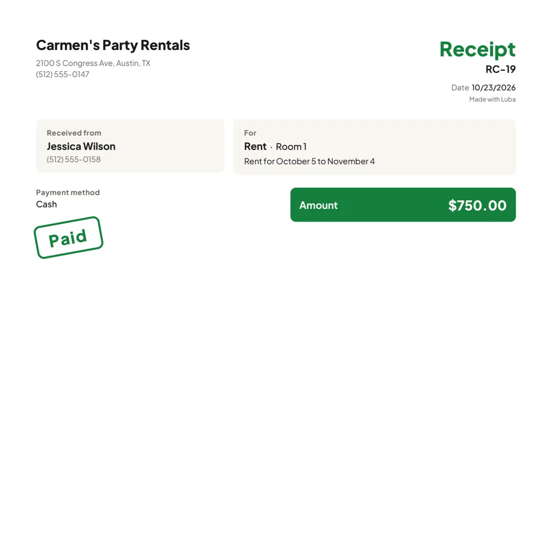 Rent receipt made with Luba: number, who paid, the amount, the payment method and the rent period in the note