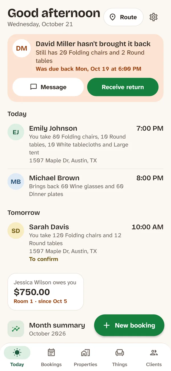 Luba's Today screen: what didn't come back, today's and tomorrow's deliveries and returns, and who owes you