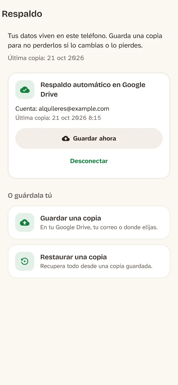 Pantalla de respaldo conectada a Google Drive, con la copia de hoy