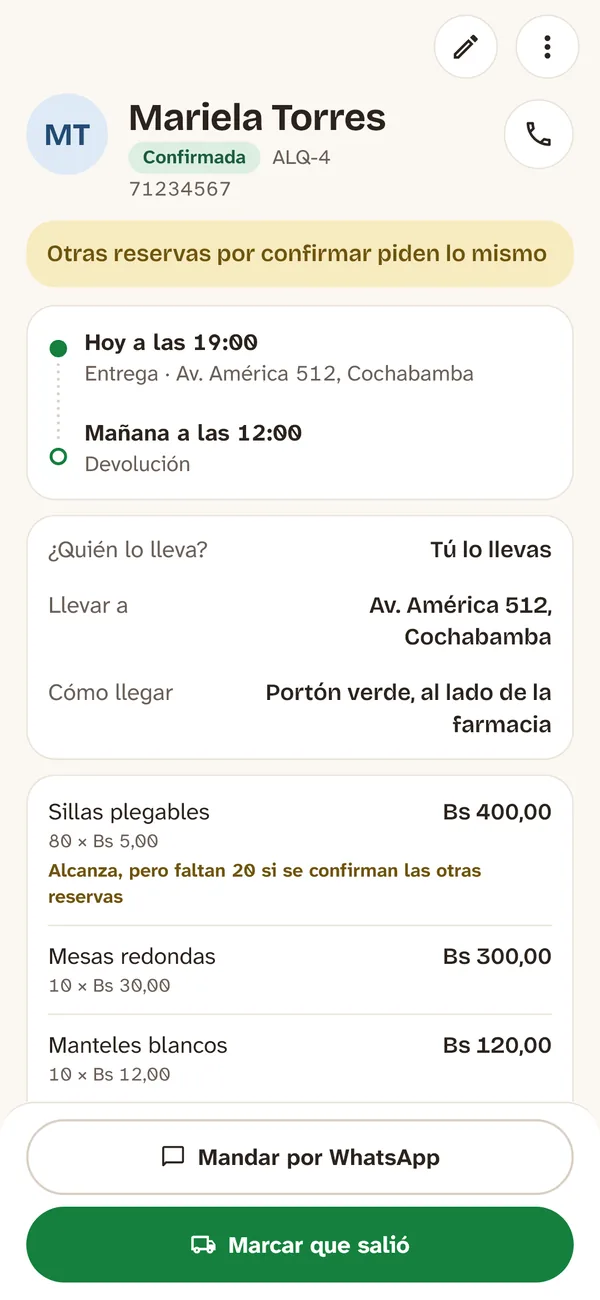 Reserva confirmada para hoy: entrega, dirección, cómo llegar y lo que se lleva