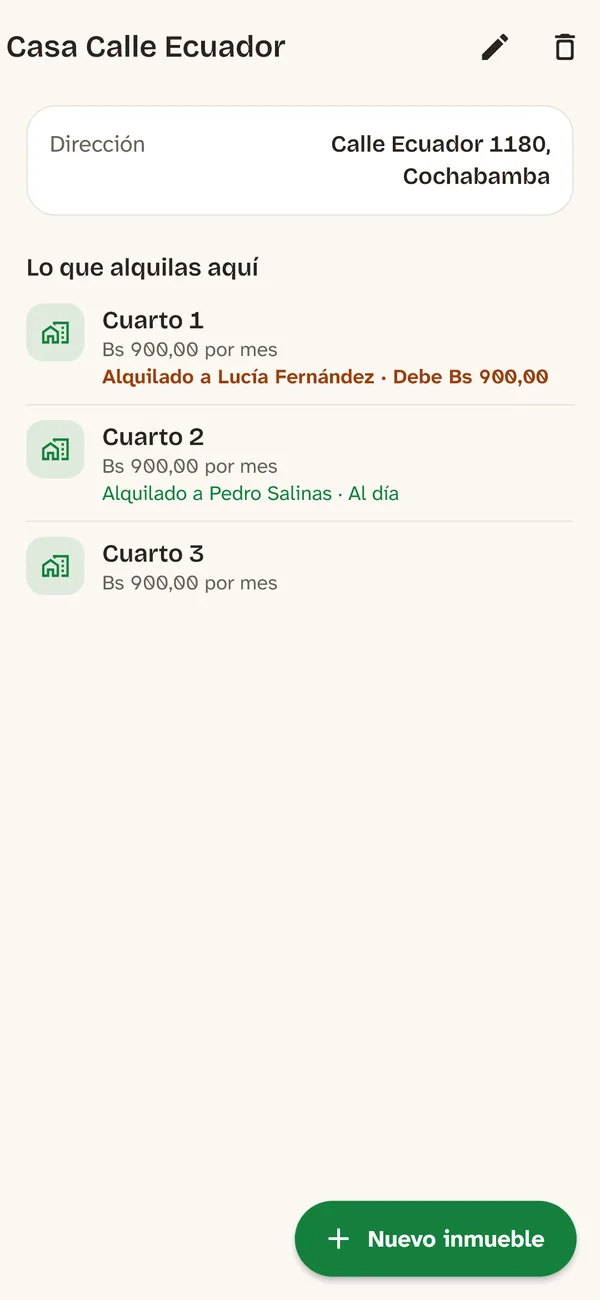 Una casa con tres cuartos en Luba: el Cuarto 1, alquilado a Lucía Fernández, debe Bs 900; el Cuarto 2 está al día y el Cuarto 3 está libre