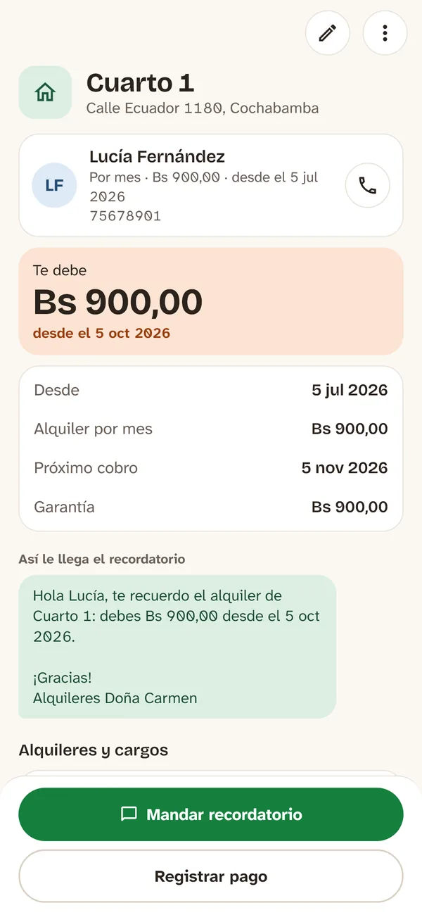 Cuarto alquilado con lo que debe la inquilina y el recordatorio listo para WhatsApp