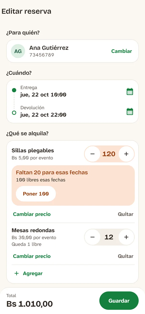 Reserva que pide 120 sillas cuando hay 100 libres, con el aviso de que faltan 20