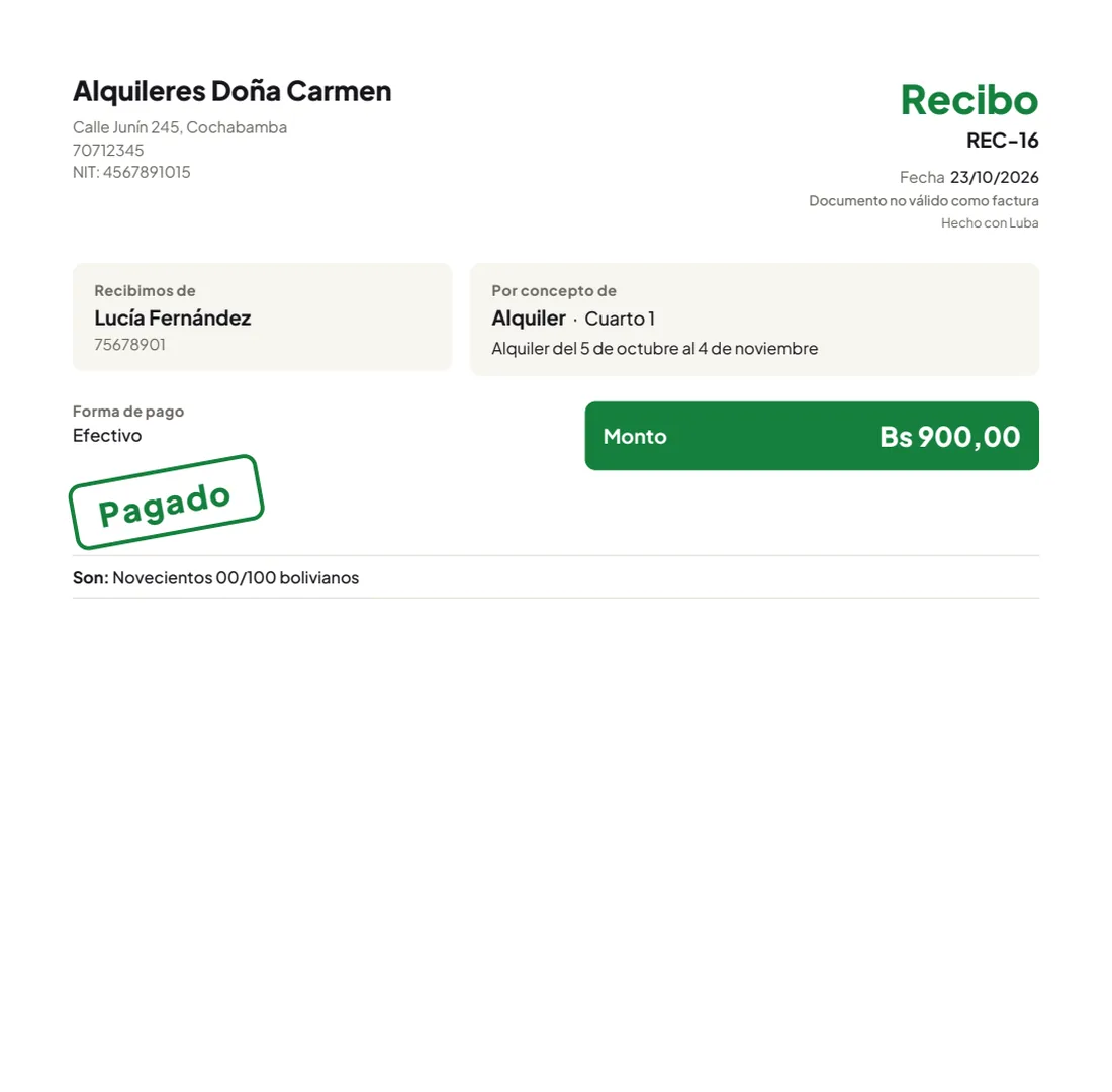 Recibo de alquiler hecho con Luba: número, quién pagó, el monto en números y en letras, la forma de pago y el período en la nota