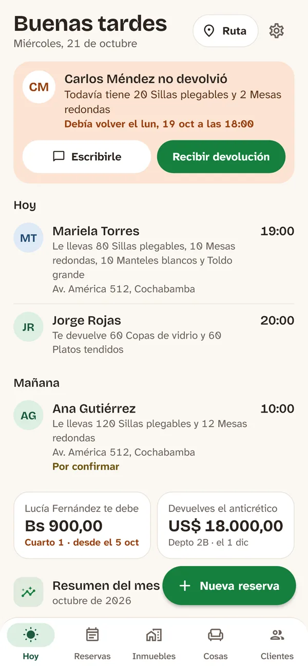 Pantalla Hoy de Luba: lo que no volvió, las entregas y devoluciones de hoy y de mañana, y quién te debe