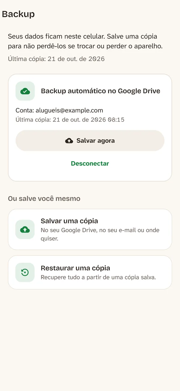 Tela de backup conectada ao Google Drive, com a cópia de hoje