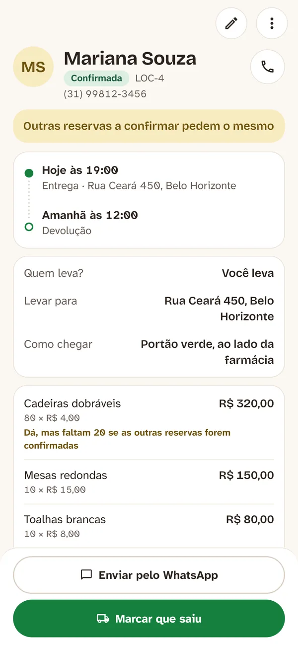 Reserva confirmada para hoje: entrega, endereço, como chegar e o que vai
