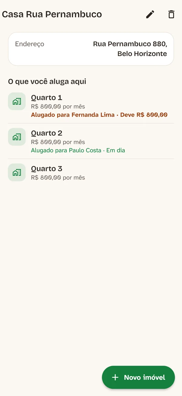 Uma casa com três quartos no Luba: o Quarto 1, alugado para Fernanda Lima, deve R$ 800,00; o Quarto 2 está em dia e o Quarto 3 está livre