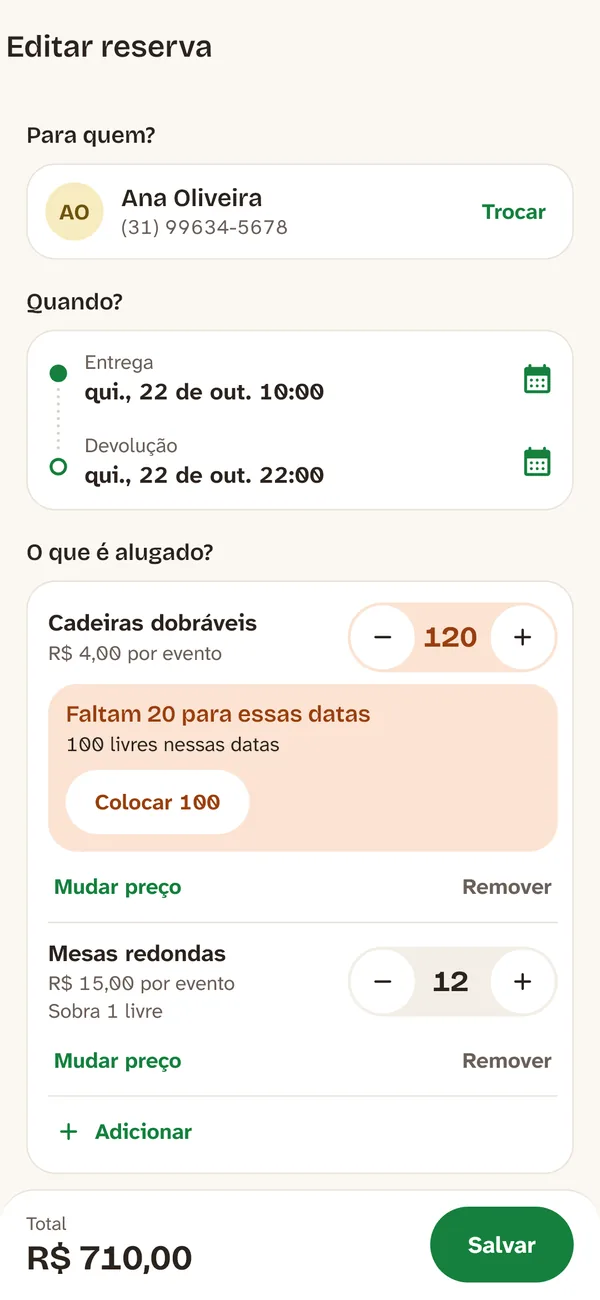 Reserva que pede 120 cadeiras quando há 100 livres, com o aviso de que faltam 20