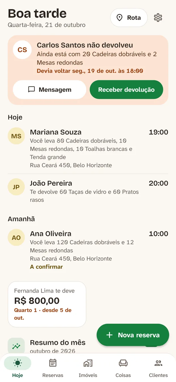 Tela Hoje do Luba: o que não voltou, as entregas e devoluções de hoje e de amanhã, e quem te deve